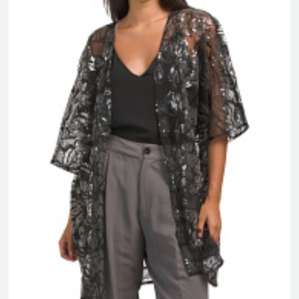 NWT Anne Klein Black Oversized Sheer Cardigan with Sequins, Size S/M